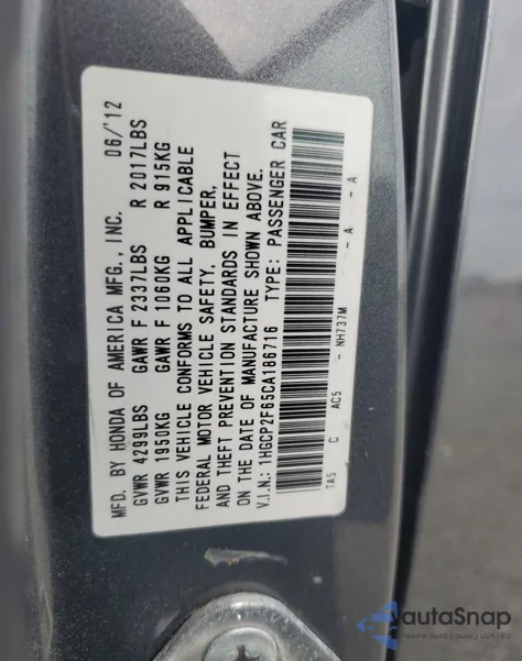 2012 Honda Accord Se из США, поврежденный, VIN 1HGCP2F65CA186716